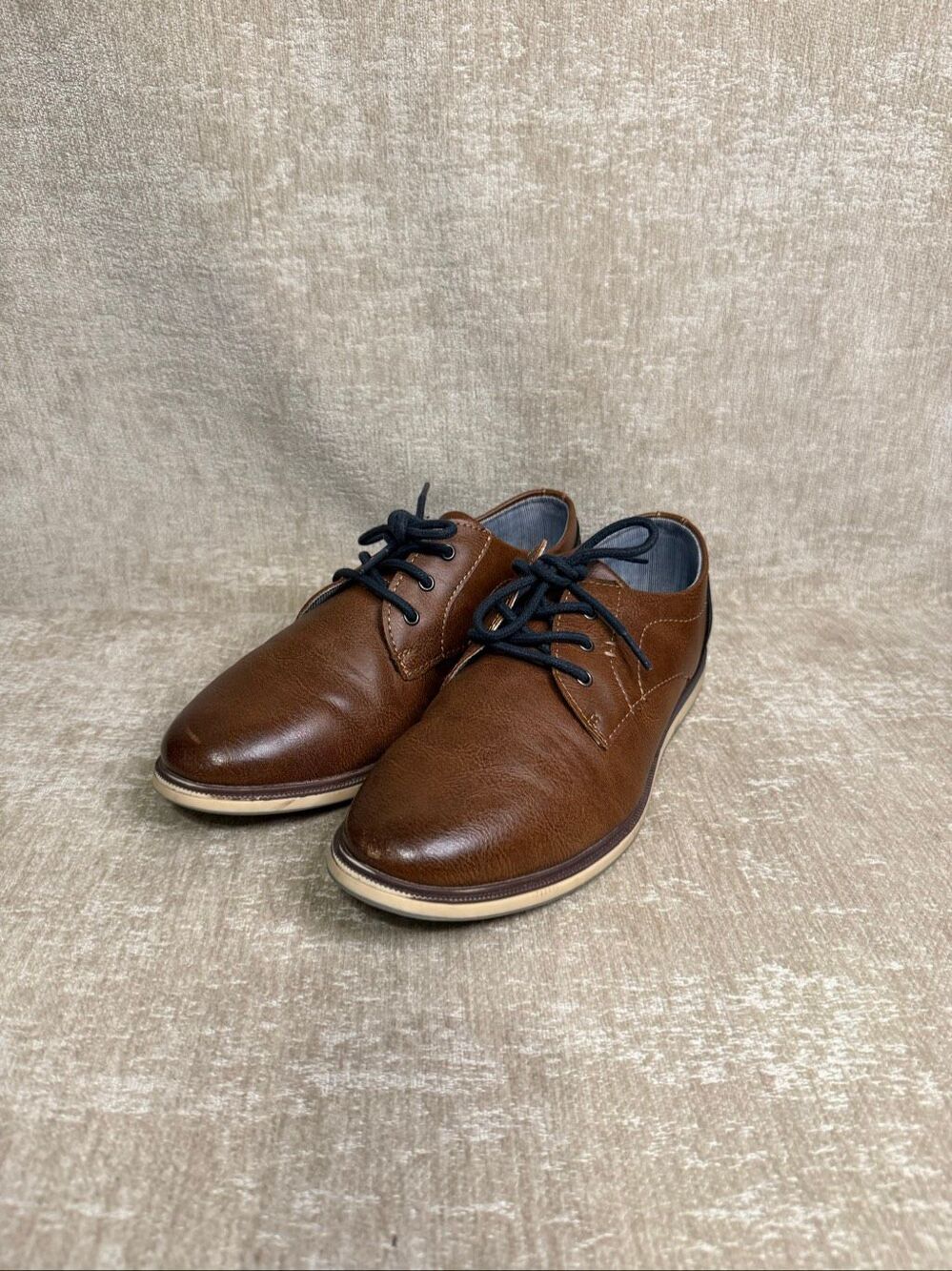 Max + Jake Boys Faux Leather Oliver Oxford Dress Shoes Cognac Brown Navy Size 6M